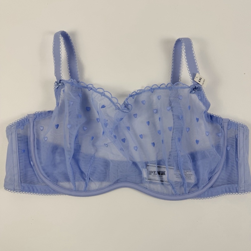 Victoria's Secret PINK Wink Unlined Scoop Bra Blue Embroidered Hearts XXL NWT